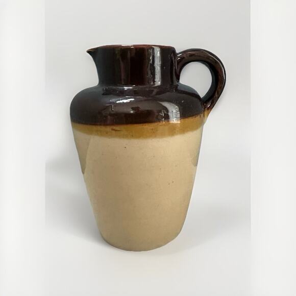 Vintage Stoneware Syrup Pitcher Jug Brown Tan Two Tone 6" Tall Vase Cottage Core - Picture 1 of 13